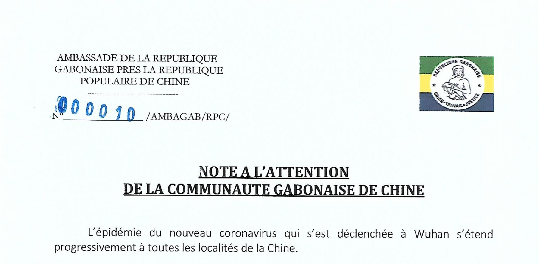 NOTE A L'ATTENTION DE LA COMMUNAUTE GABONAISE DE CHINE